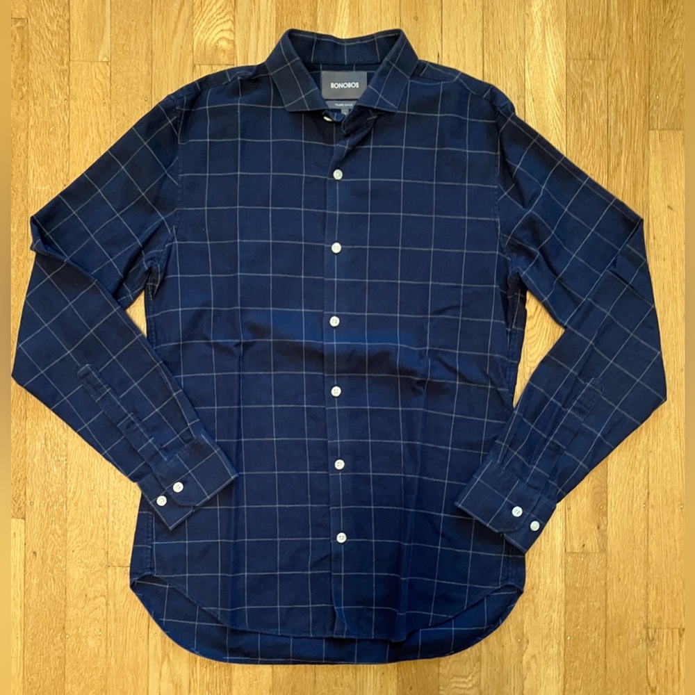 Bonobos | Men’s | medium | Navy blue plaid tailored slim fit button up shirt
